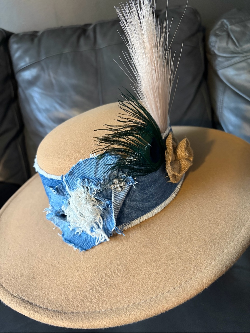 Custom Fedora Hat with Denim Trim & Feather Accent😍